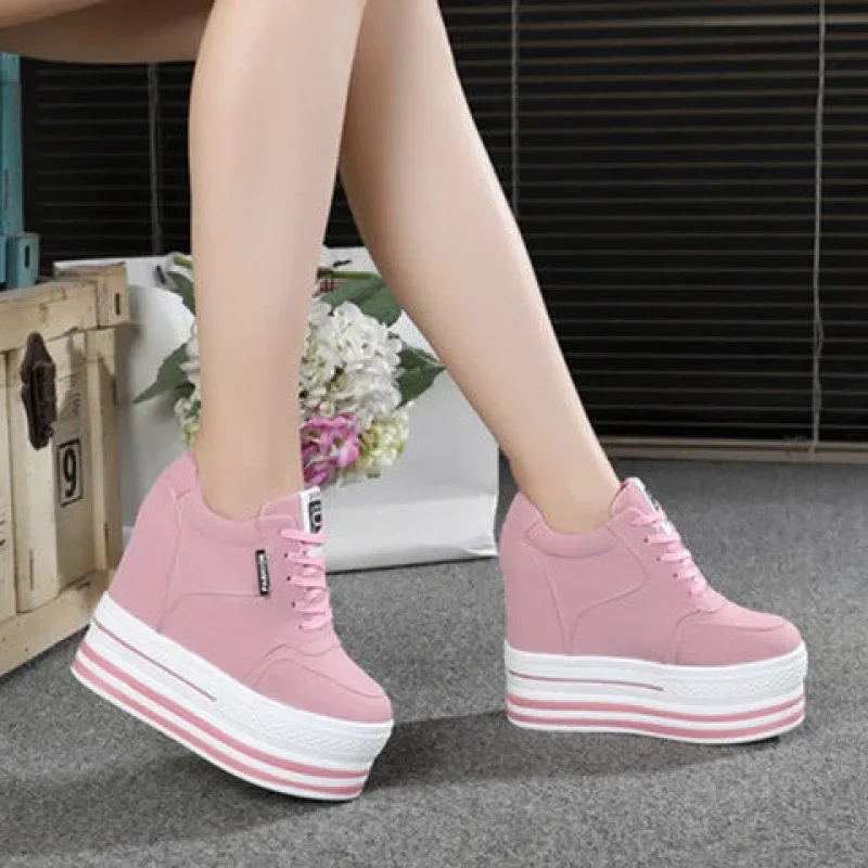 Women's Casual Sport Shoes Korean Trendy White Platform Sneakers Lace-up Closure Thick Sole Injected Height 12cm