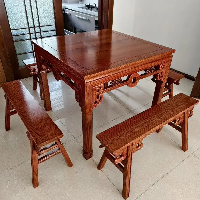 DSA purple gold sandalwood antique solid wood square table combination eight immortals table Chinese carved dining table rural