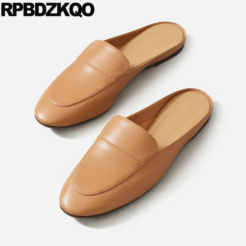 

Cow Skin Shoes Flats Small Size Half Closed Toe Real Leather Slippers Comfort 33 Round Brown Women Spring Sandals Mules Slides