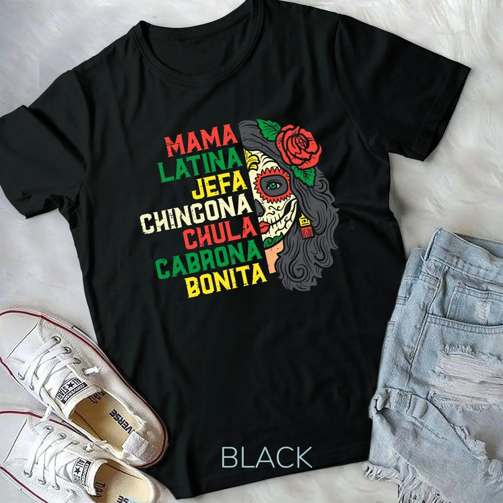 

Womens Sugar Skull Mama Latina Dia De Los Muertos Mexican Unisex T-shirt