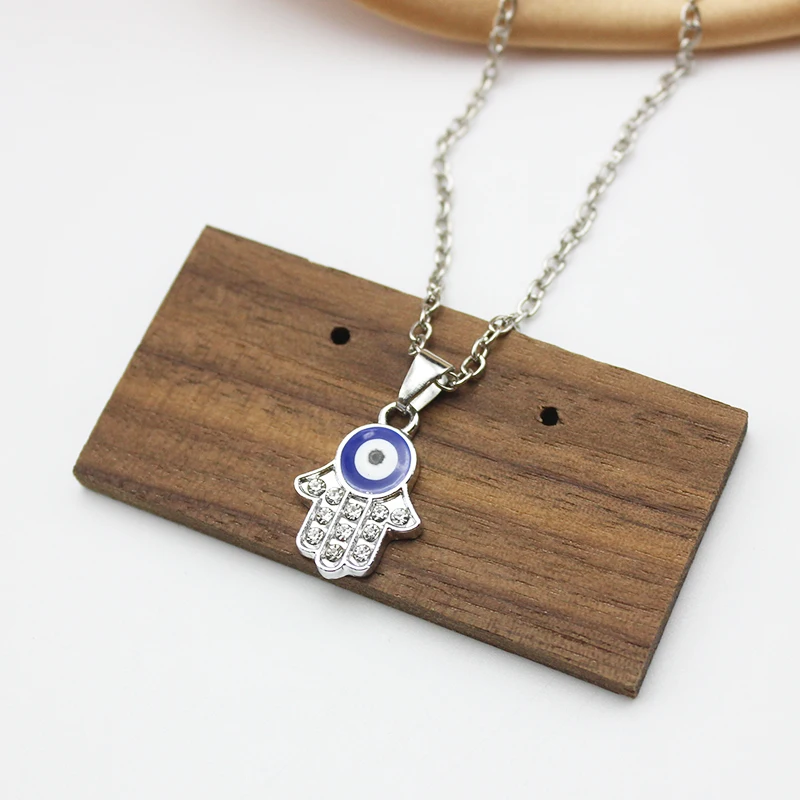 Korean Popular Crystal Fatima Enamel Palm Blue Evil Eye Pendant Fashion Chain Necklace Women Charm Clavicle Collar Jewelry Gift