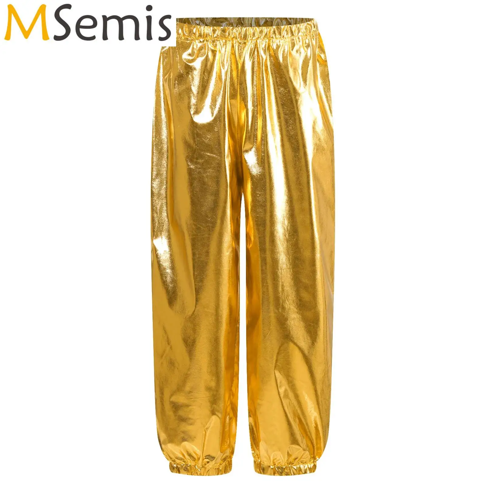 Kids Boys Girls Metallic Pants Cheerleading Harem Pants Elastic Waistband Shiny Trousers Jazz Hip Hop Dance Performance Costume