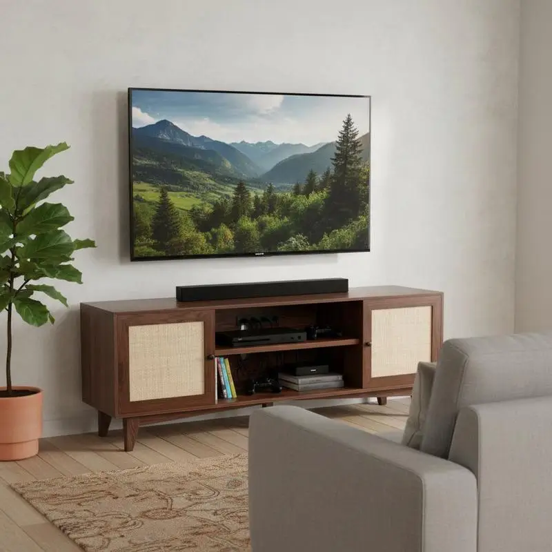 Walnut TV Console 63inch For Living Room Media Room Bedroom, Natural Rattan Door Integrated Power Outlet Wood Grain Texture Dual Storage Shelves Mid-Century Modern Style Furniture