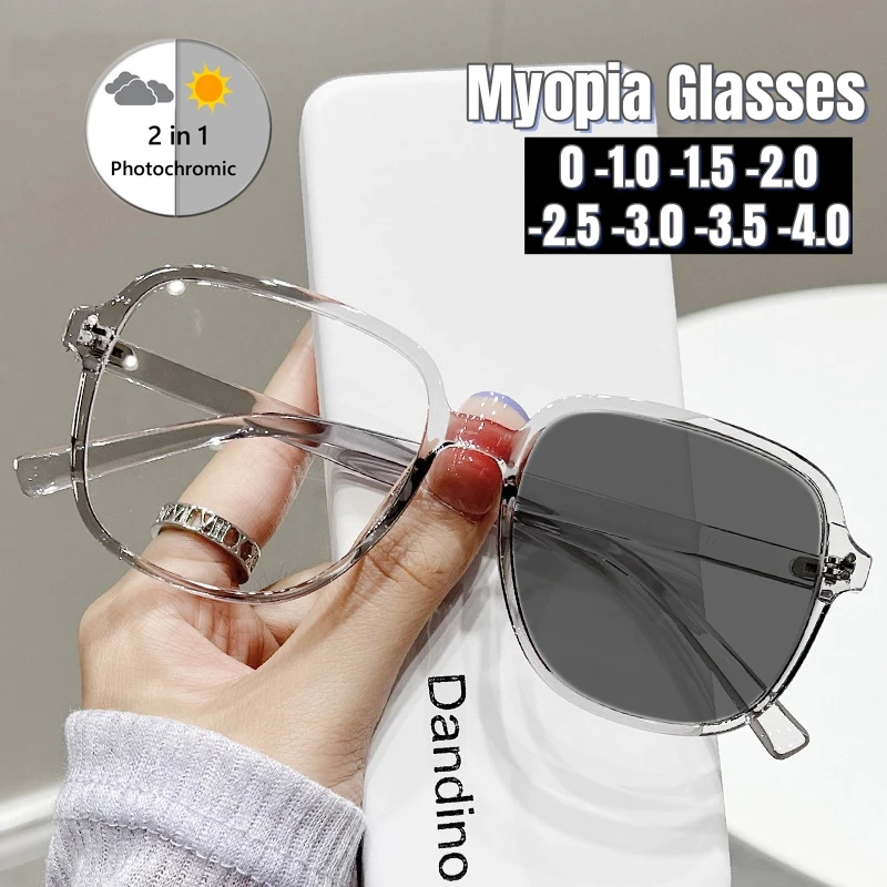 

2024 Retro Ultra Light TR90 Photochromic Myopia Glasses Trendy Large Square Frame Eyewear Color Change Anti Blue Light Glasses