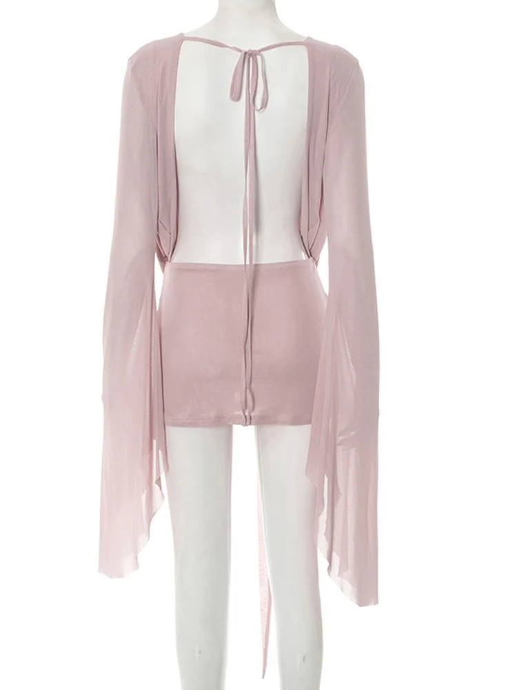 فستان قصير مثير للنساء من Kricessseen فستان ضيق شبكي جديد للسيدات بأكمام طويلة عميق على شكل حرف V فستان حفلات وردي شفاف #4