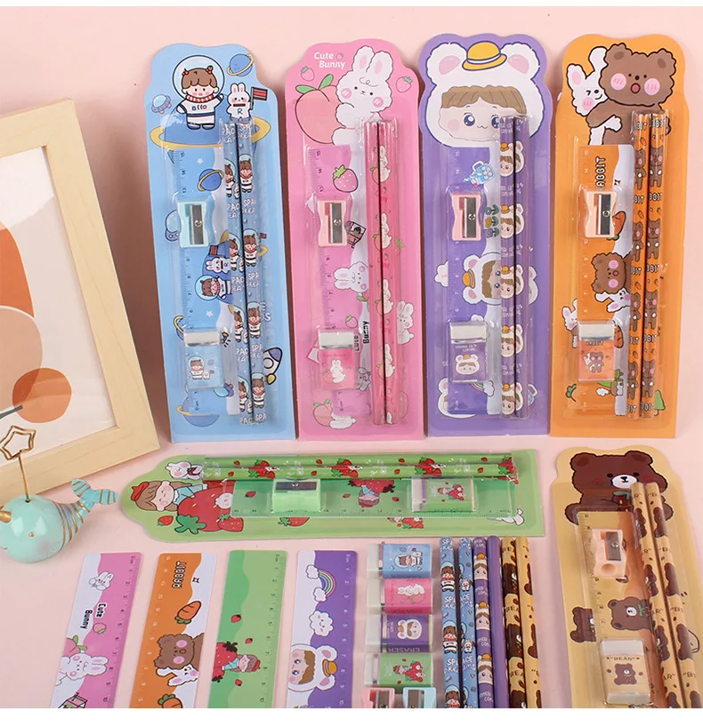 12/6 Sets of Randomly Assorted Styles (One Set Contains Five Items) Pencil Set, School Stationery, Study Set, Holiday Gift, Back-To-School Season