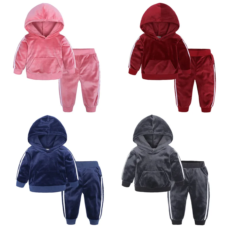 

2023 Spring Autumn Infant Toddler Hooded Sweatshirt Baby Boys Girls Gold Velvet Casual Sports Set Coat+Long Pants Two-piece Suit