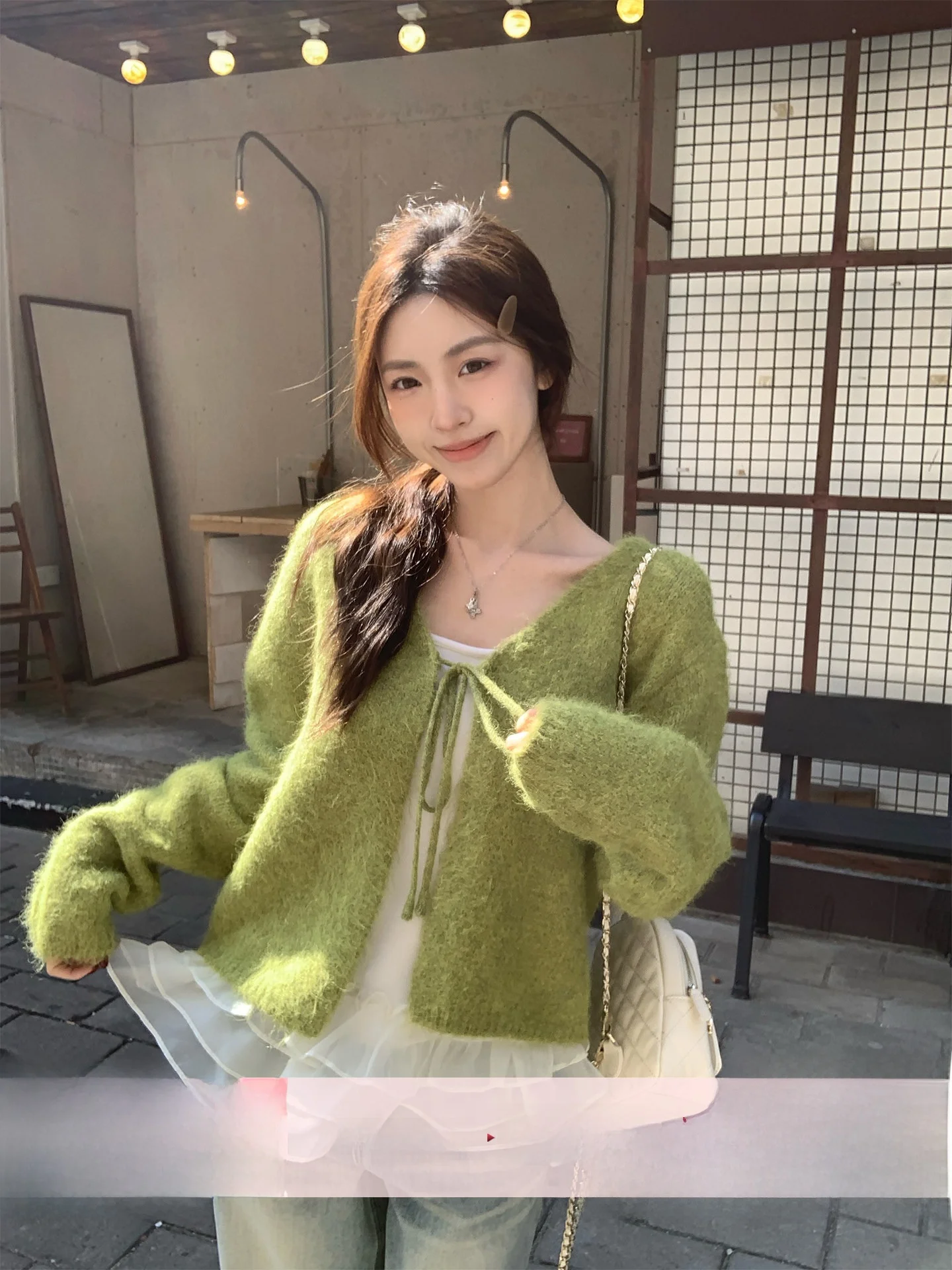 

Korean Sle Morning Bloom Women's Knitted Cardigan And Lace Trim Set Two-Piece Overlap Wear Casual Soft Long Sve Sweater
