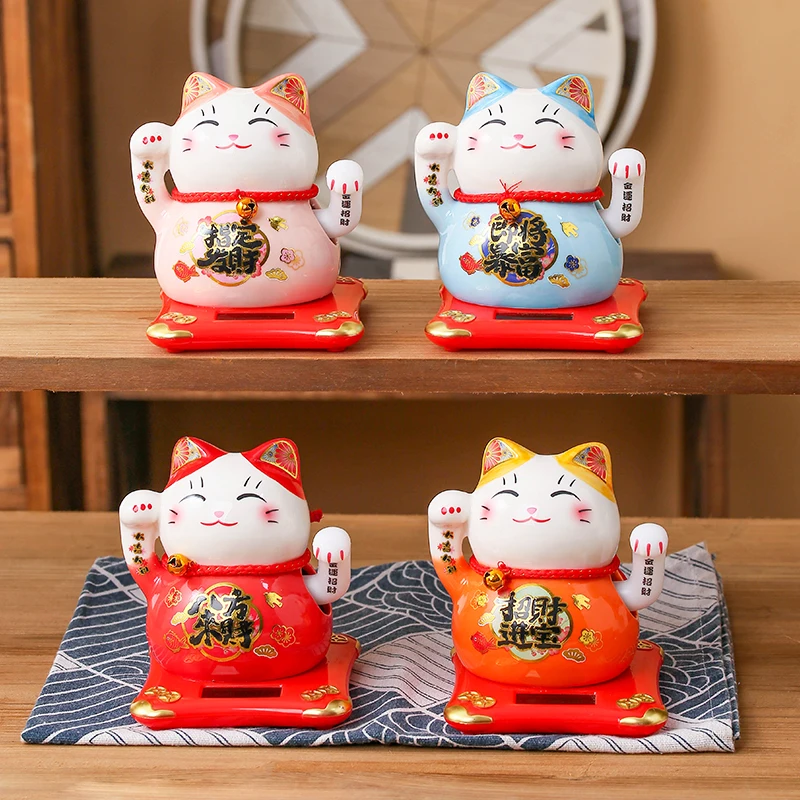 4.5 Inch Ceramic Fortune Cat Decor Figure Solar Powered Lucky Cat with Waving Hand Business Beckoning Maneki Neko Ornament