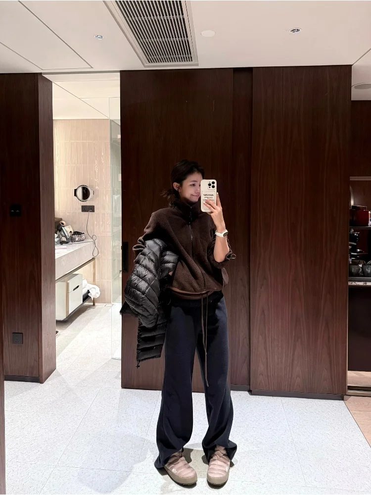 

Slimming Fce-Lined Flared Casual Pants Women's PEACHZHOU Straight Leg Elastic Waist Polyester Fiber Winter Collection