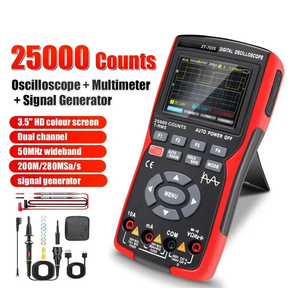 ZT703S 3in1 Digital Multimeter 50MHz Bandwidth 280MS Rate PC Waveform Data Storage Dual Oscilloscope Signal Generator