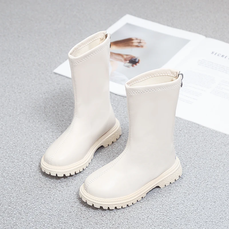 Girls Mid‑Calf Leather Boots Kids Back Zipper Fashion Tall Boots Non‑Slip Thick Sole Toddler Girl Casual Riding Boots For Autumn