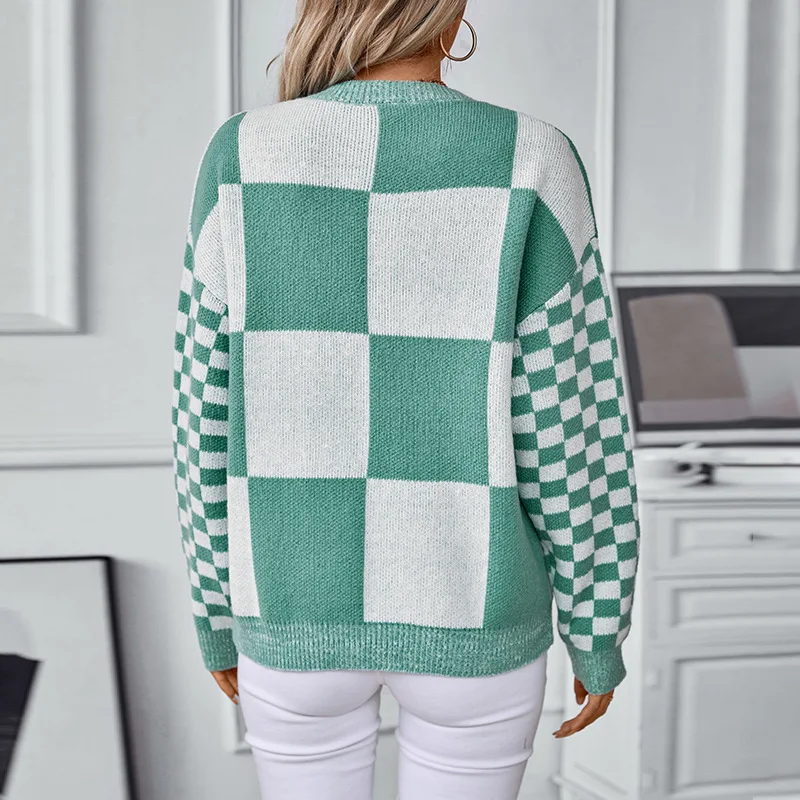 Cross-border contrasting color plaid pullover women's knitted sweater autumn and winter fashion versatile women's top