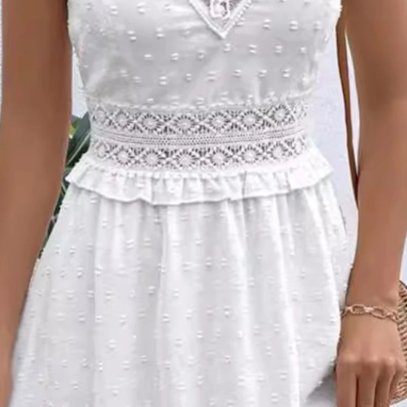 Seksowna letnia mini sukienka damska Elegancka sukienka plażowa w kropki żakardowe Sukienki codzienne bez rękawów z koronkowym kwiatowym wykończeniem i dekoltem w serek