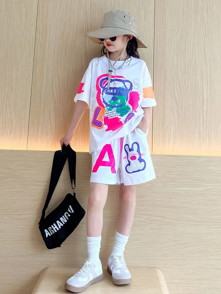 Summer Children Girls Clothes Cartoon Bearr Printed T-shirts and Shorts Suit Teenage Fashion Short Sleeve Top Bottom Outfits