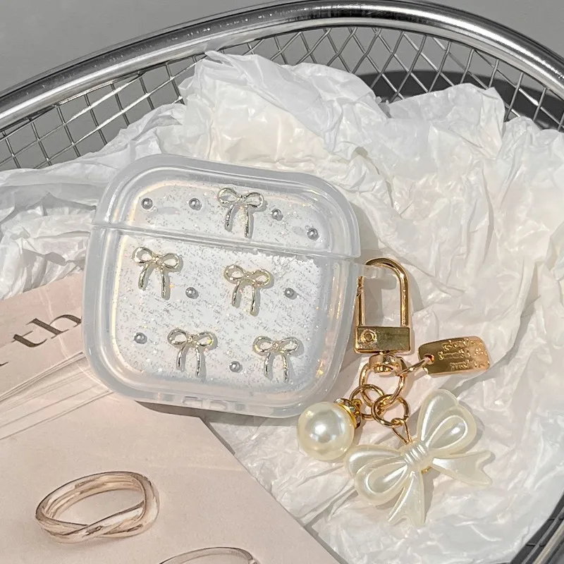Custodia protettiva morbida per AirPods trasparente con fiocco carino e ciondolo per AirPods 1/2/3/4 Pro/Pro 2/Pro 3