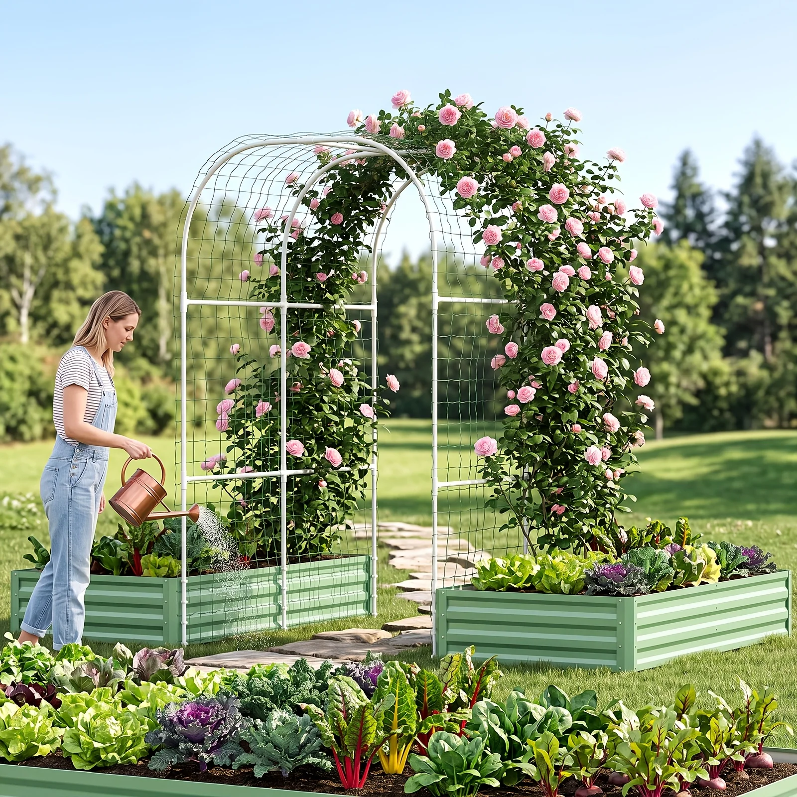 

MOPHOTO 3in 1 Raised Garden Bed with 87in Tall Arch Trellis for Climbing Plants, Galvanized Planter Garden Box Outdoor for Gardening, Climbing Vegetables, Flower