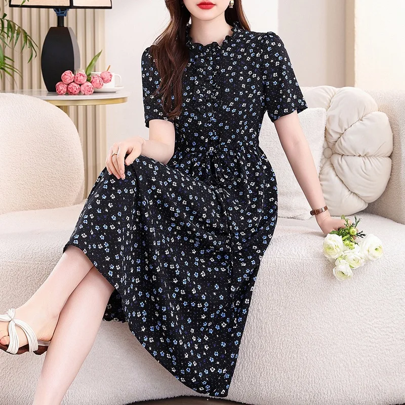 Vintage Navy Blue Floral Print - French Vintage Floral Midi Dress ulasan dan harga
