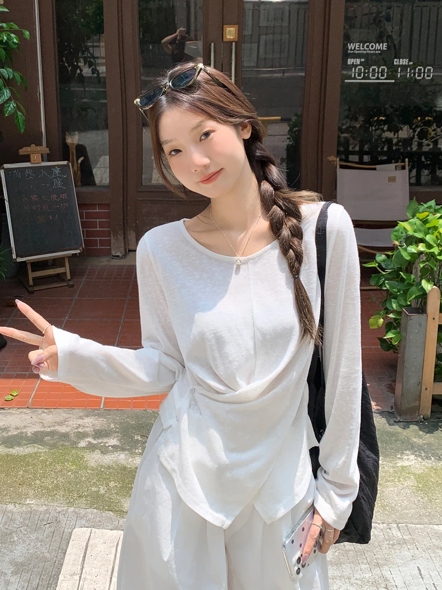 Women White Long Sleeve Top with Twist Front Detail, Round Neck, Semi-Sheer Fabric, Casual Lightweight Blouse