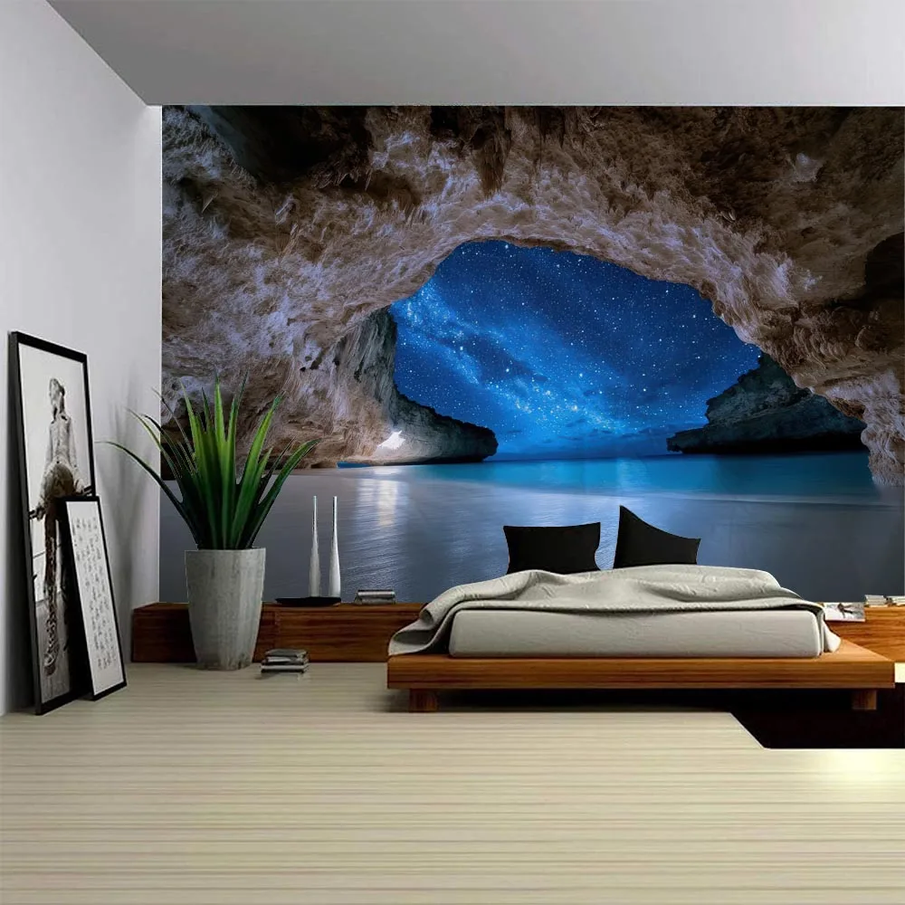 Natural Starry Sky, Sea View, Cave, Printed Tapestry, Home Wall Hanging Fabric, Living Room, Bedroom, Waterproof, Removable