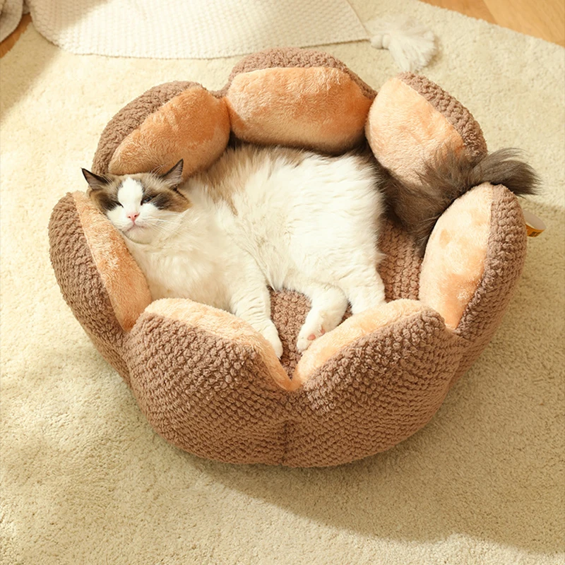 Cat Dog Bed Petal Shape Plush Padded Winter Removable and Washable Pet Nest Cushion Cat Bed Small Dog Teddy Kennel S/M/L