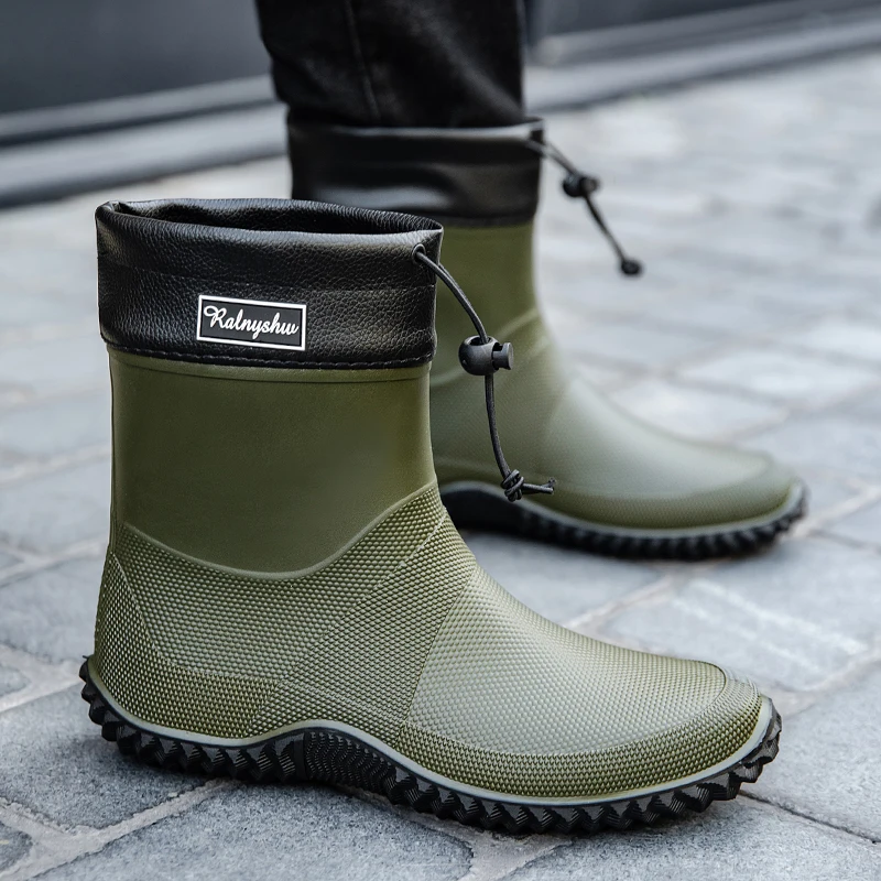Men Rain Boots Fashion Mid-calf Rubber Boot Outdoor Lightweight Work Shoe Button-up Comfortable Casual Shoes Men Boots