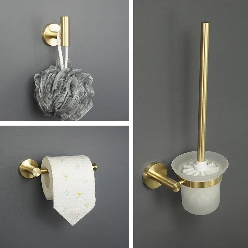 Bathroom Hardware Set Toilet Brush Holder Tissue Paper Holder Wall Mount Towel Robe Coat Hook Brushed Gold Bathroom Accessories