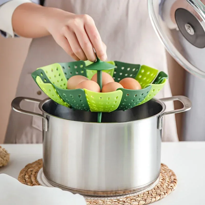 Folding Lotus Steamer Retractable Plastic Food Basket Fruit Vegetable Vapor Cooker Dish Drain Rack Cooking Containers Organizer