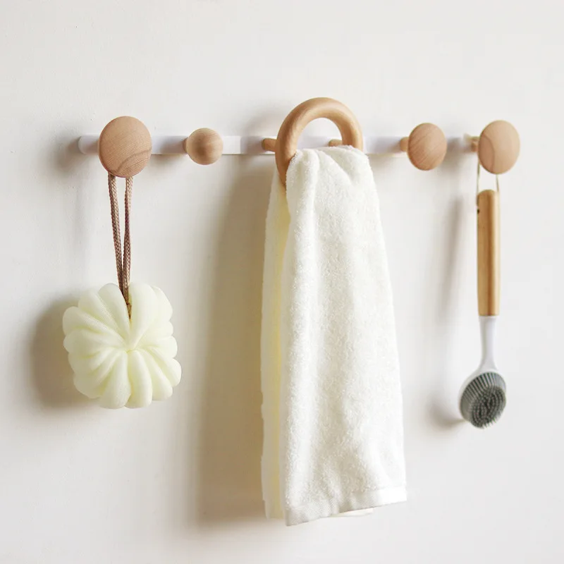 

Solid Wood Non Perforated Towel Hook For Bathroom Clothes Coat Hook Bedroom Robe Hook Livingroom Kitchen Accessories