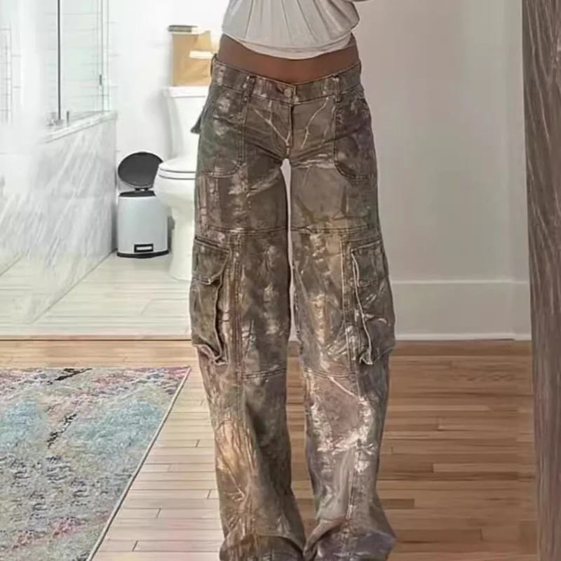 

Low Waist Loose Fit Cargo Pants Women's Autumn Faion Camouflage Straight Leg Jeans with kets Casual Comfortable Denim