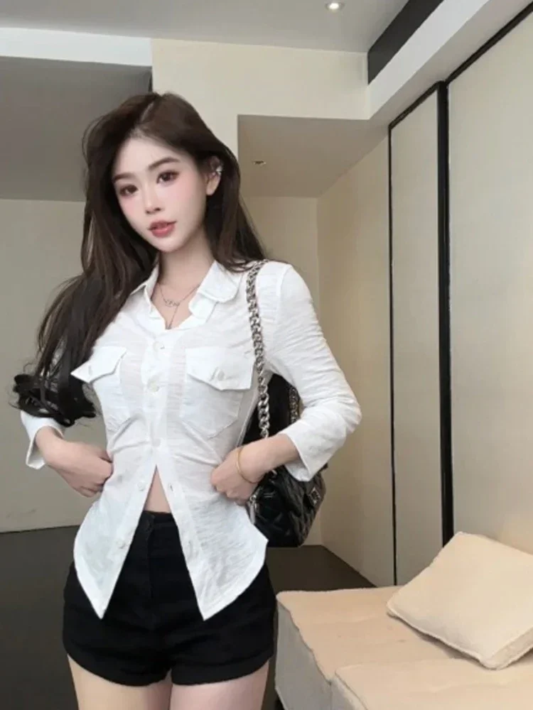 

Vintage Navy Blue Three Quarter Shirt for Women Tops Button Up Slim White Blouse Female Autumn Fashion Black Clothes