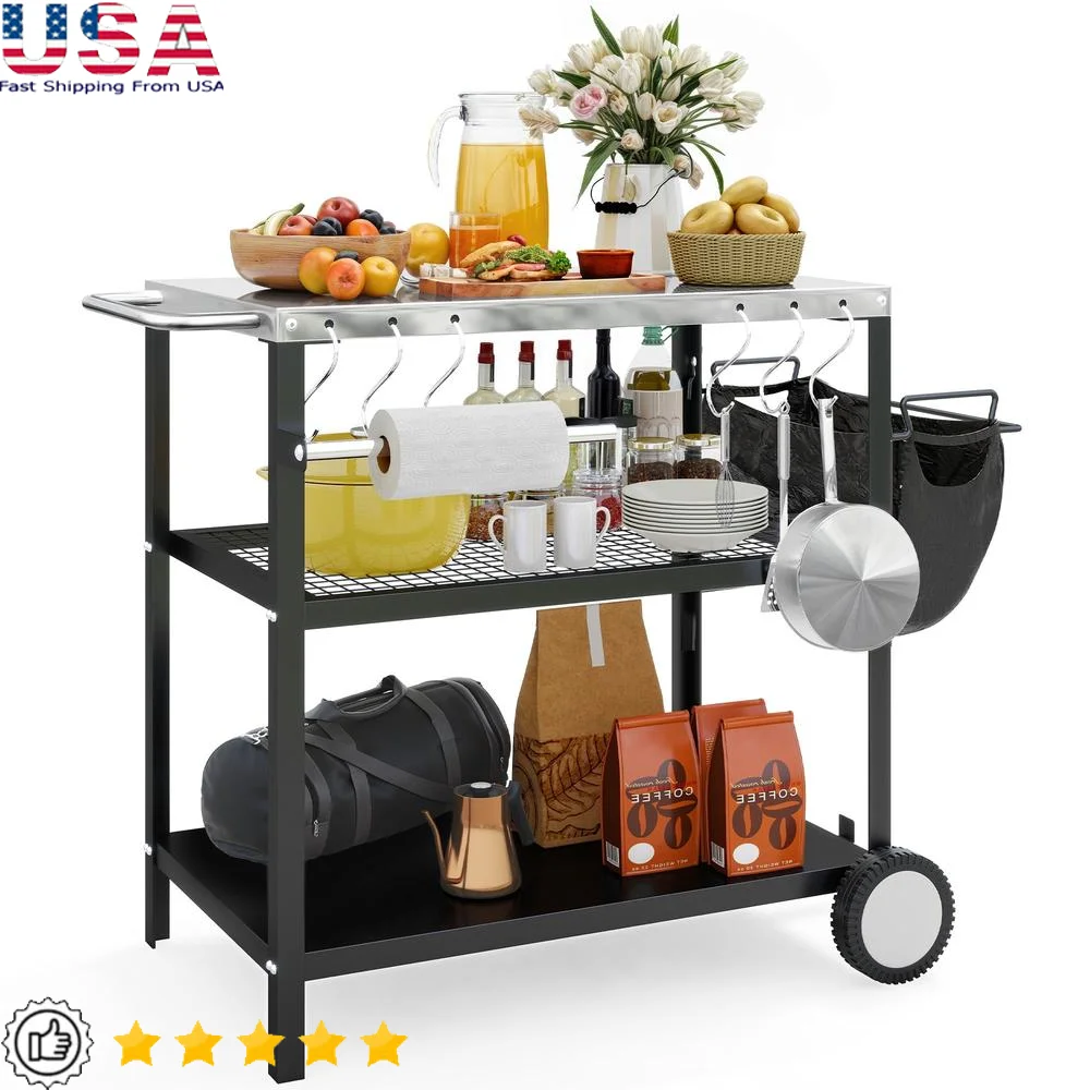 

Rolling Outdoor Grill Table with Wheels 3 Shelf Pizza Oven Cart BBQ Food Prep Stand Stainless Steel Durable Storage Hooks
