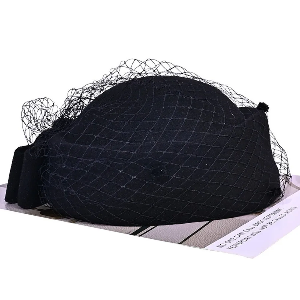 Fashion Elegant Mesh Wool Jazz Hat Warm Woolen Breathable British Style Hat Bowknot Veil Hat Autumn Winter view 3