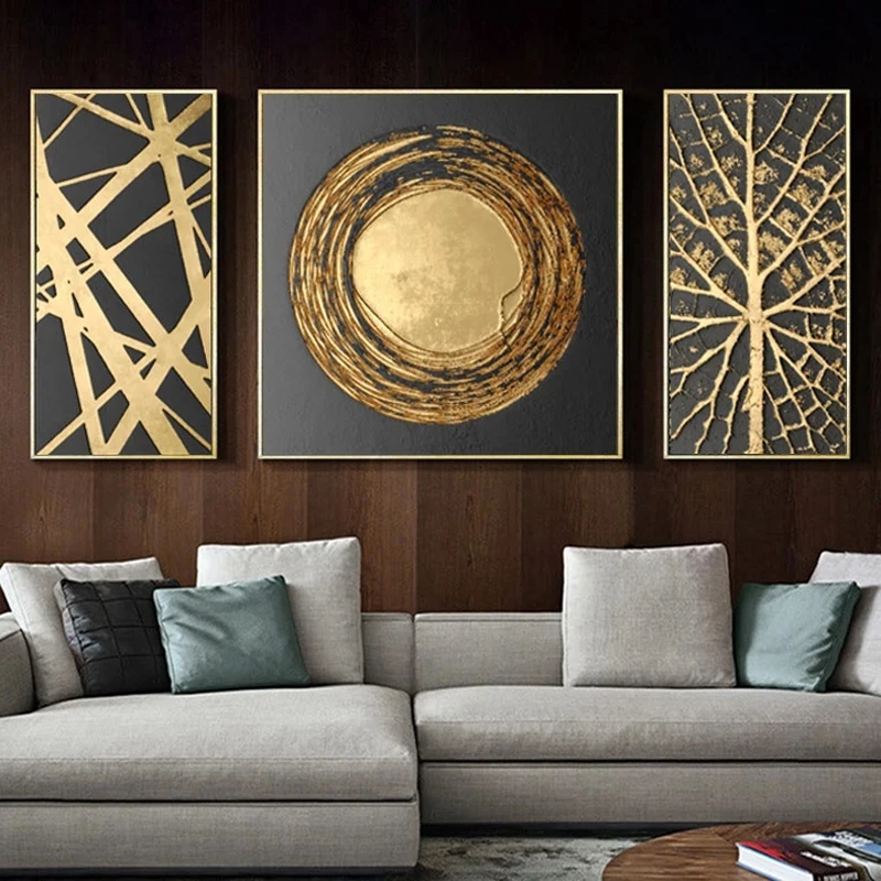 3 Pieces Set Luxury Abstract Golden Painting Cross Stitch Diamond Mosaic Wall Art Gold Foil For Living Room Home Decor Cuadros