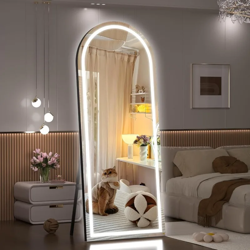 Miroir pleine longueur avec lumières, cadre noir, miroir LED en arc, 3 couleurs, indicateur de température et luminosité, 95 po x 40 po