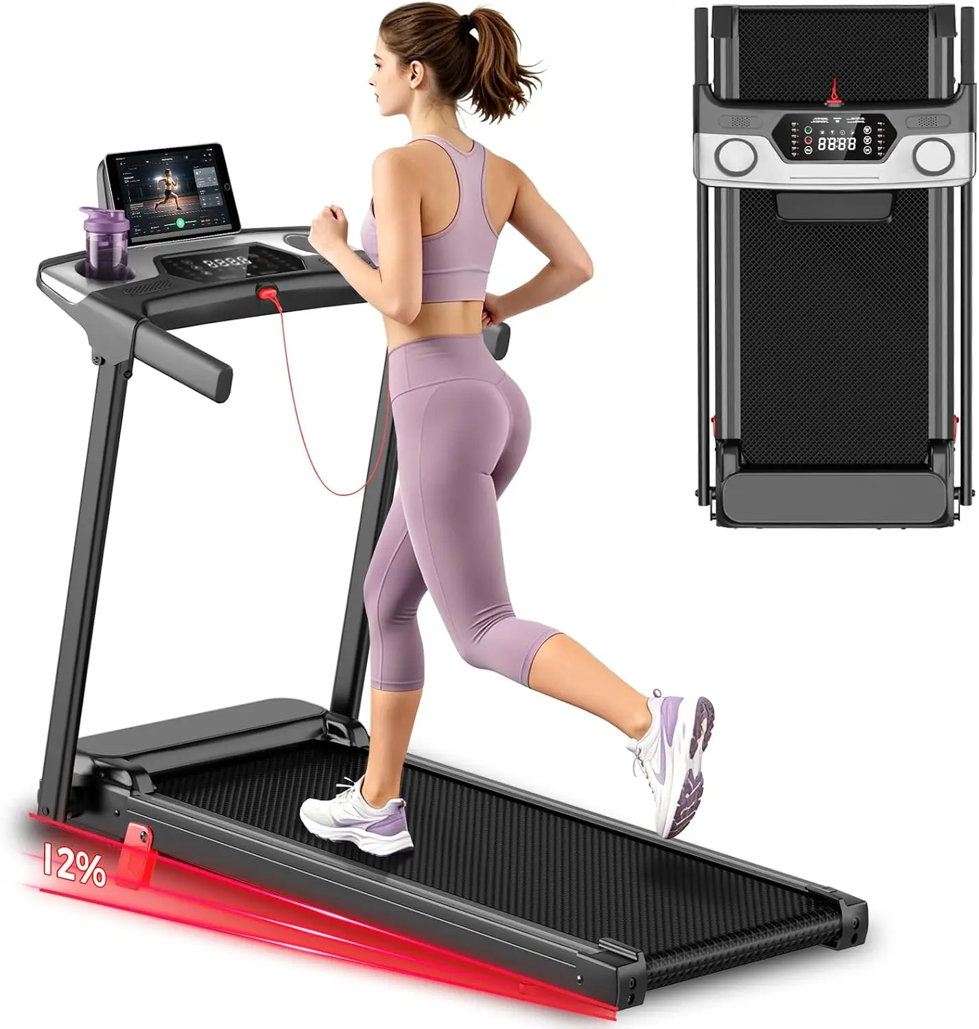 Treadmill with Incline Foldable Treadmills for Home，12% Incline Walking Pad Treadmill with Handle Bar and LED Display，3-in-1 Por