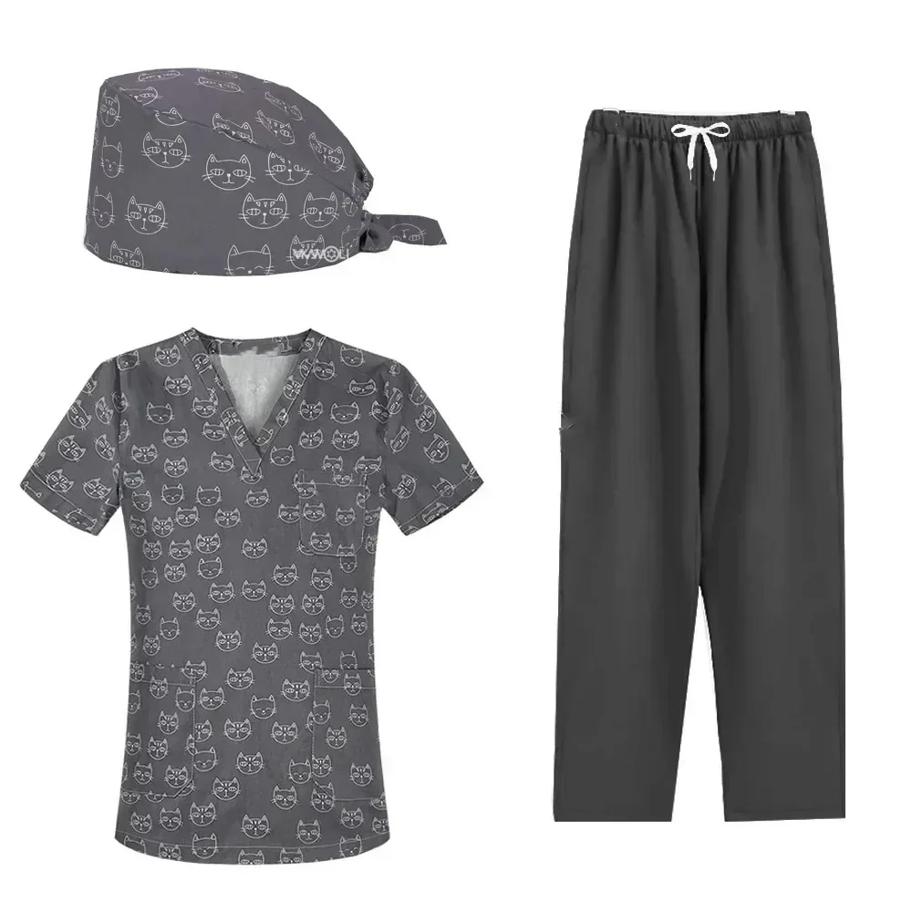 Pet Clinic Vet Work Uniforms Women Nurse Accessories Animal Printed Hospital Doctor Nursing T-Shirt Medical Scrubs Odzież Tops