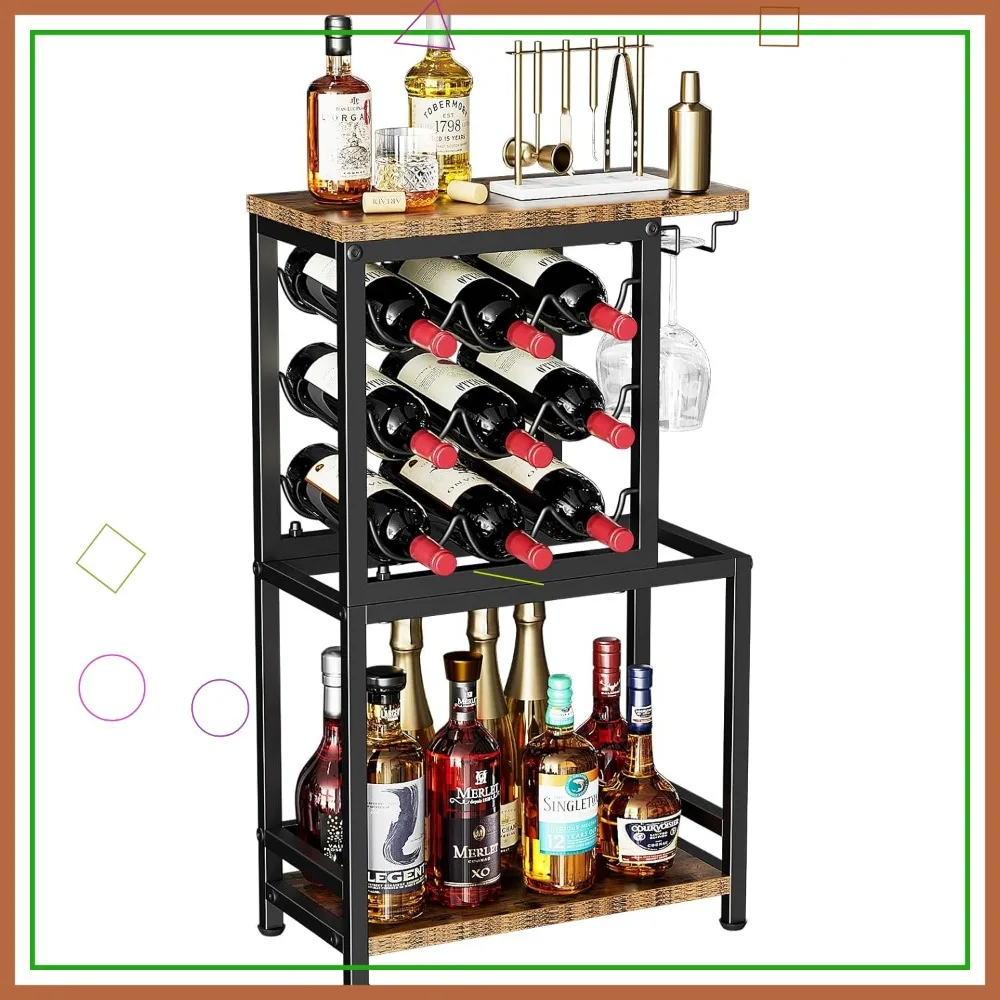 3-Tier Freestanding Wine Rack with Glass Holder, Versatile Liquor Display Stand for Home Bar in Black and Brown