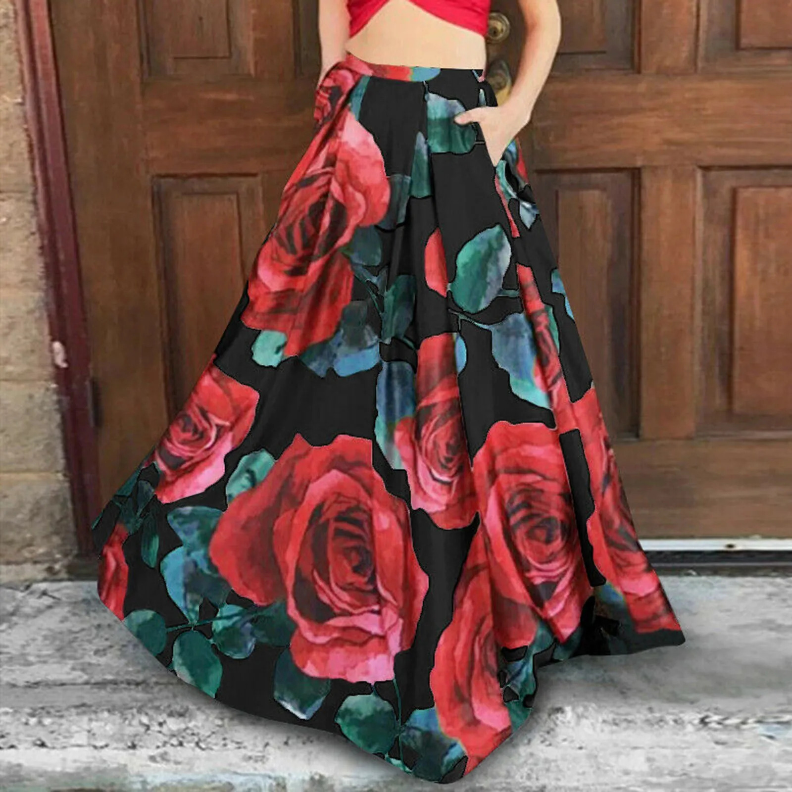 New Big Swing Floral Print Women's Summer Long Skirt With Pockets Sexy Elastic High Waist Pleated Holiday Boho Skirts 2024