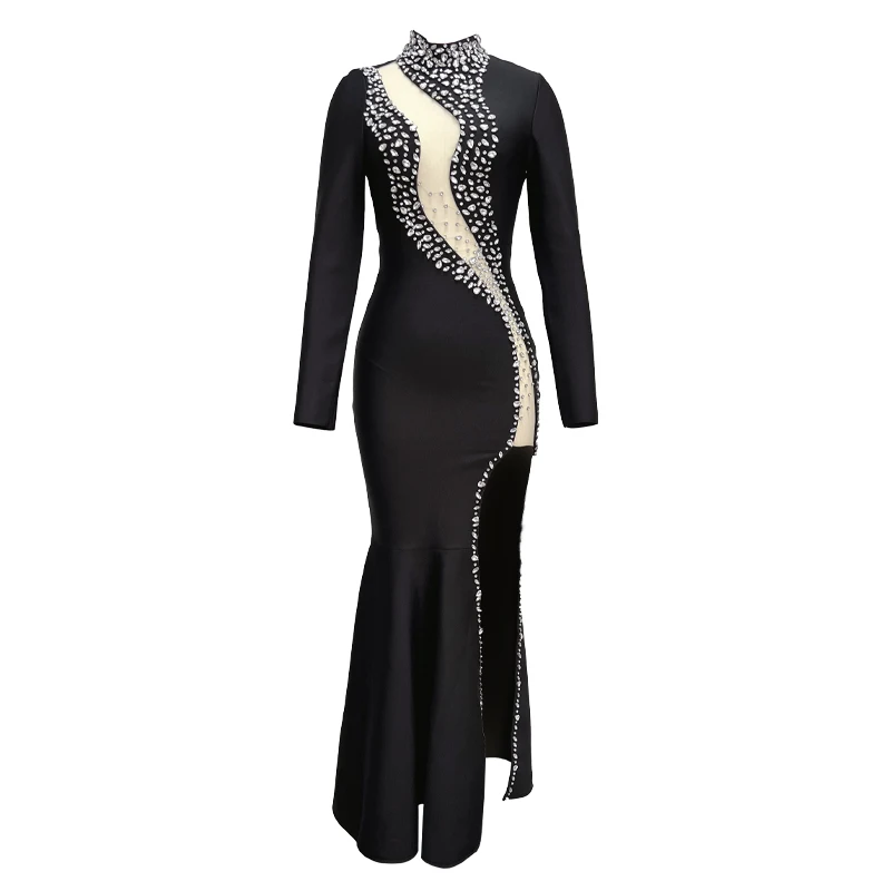 2024 New Spring Women Long Sleeve High Split Crystal Bodycon Long Bandage Dress Celebrate Evening Party Dress Vestido