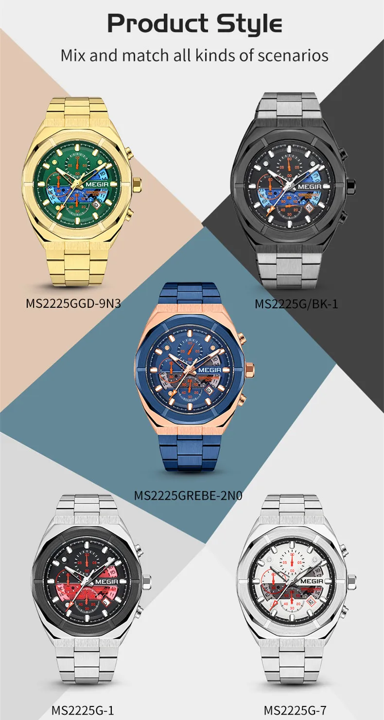 MEGIR Original Fashion Stainless Steel Quartz Watches for Men WristWatch Waterproof Casual Chronograph Relogio Masculino 2225