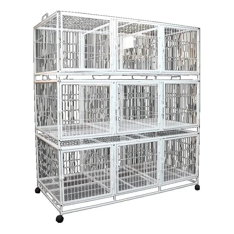 

Hot Sale Pet Breeding Cage Dog Cat Crate Multi Partition Metal Pet Carrier Powder Coated Wire 9 Doors 3 Layers with Wheels