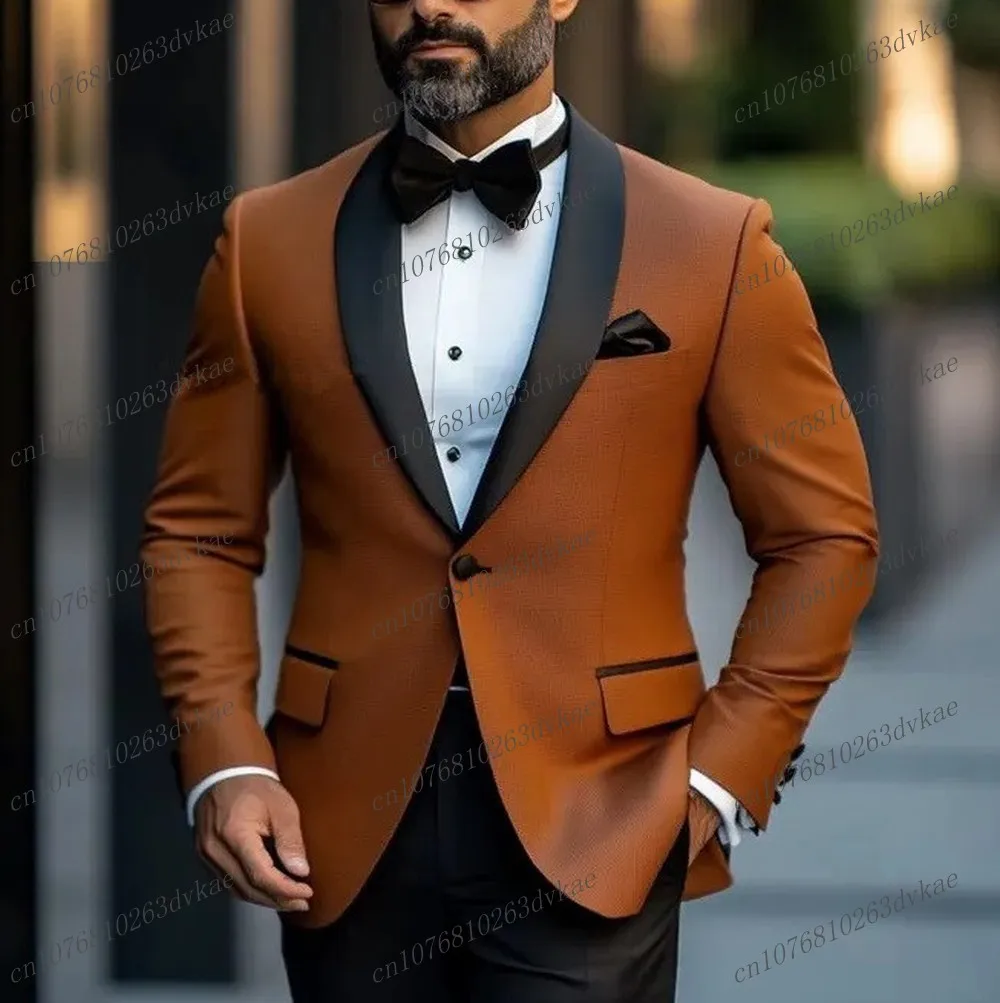 

New Brown And Black Business Men Suit Groom Groomsman Wedding Party Prom Formal Occasion Male Tuxedos 2 Piece Set Blazer Pants