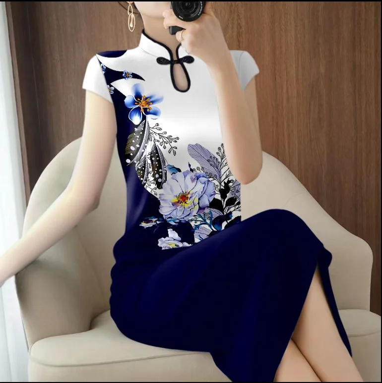 2024 Mid Length Improved Cheongsam Dress New Summer Printed Inner Lining Noble Stylish Mid Length Skirt Chinese Style Qipao