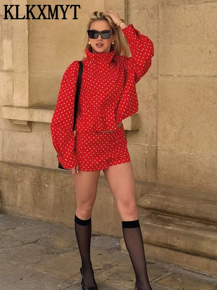 Conjuntos de Shorts con Estampado de Lunares KLKXMYT para Mujer, Chaqueta Corta con Cuello Alto y Cordón Ajustable, Shorts Casuales, Atuendo Urbano Chic para Mujer