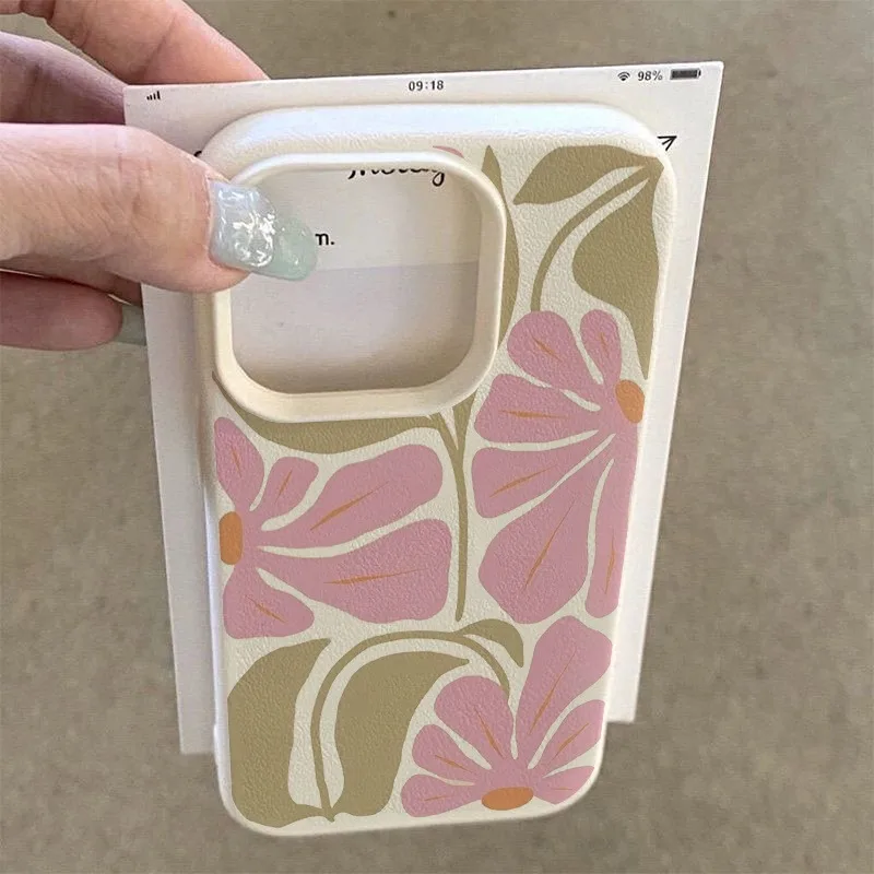 Niedliche Handyhülle mit rosa Blumenmuster und Lychee-Textur für iPhone 17 18 Pro Max 11 12 13 14 15 16 Plus 17Air X XS XR 16E Weiche Hülle – Detail 4