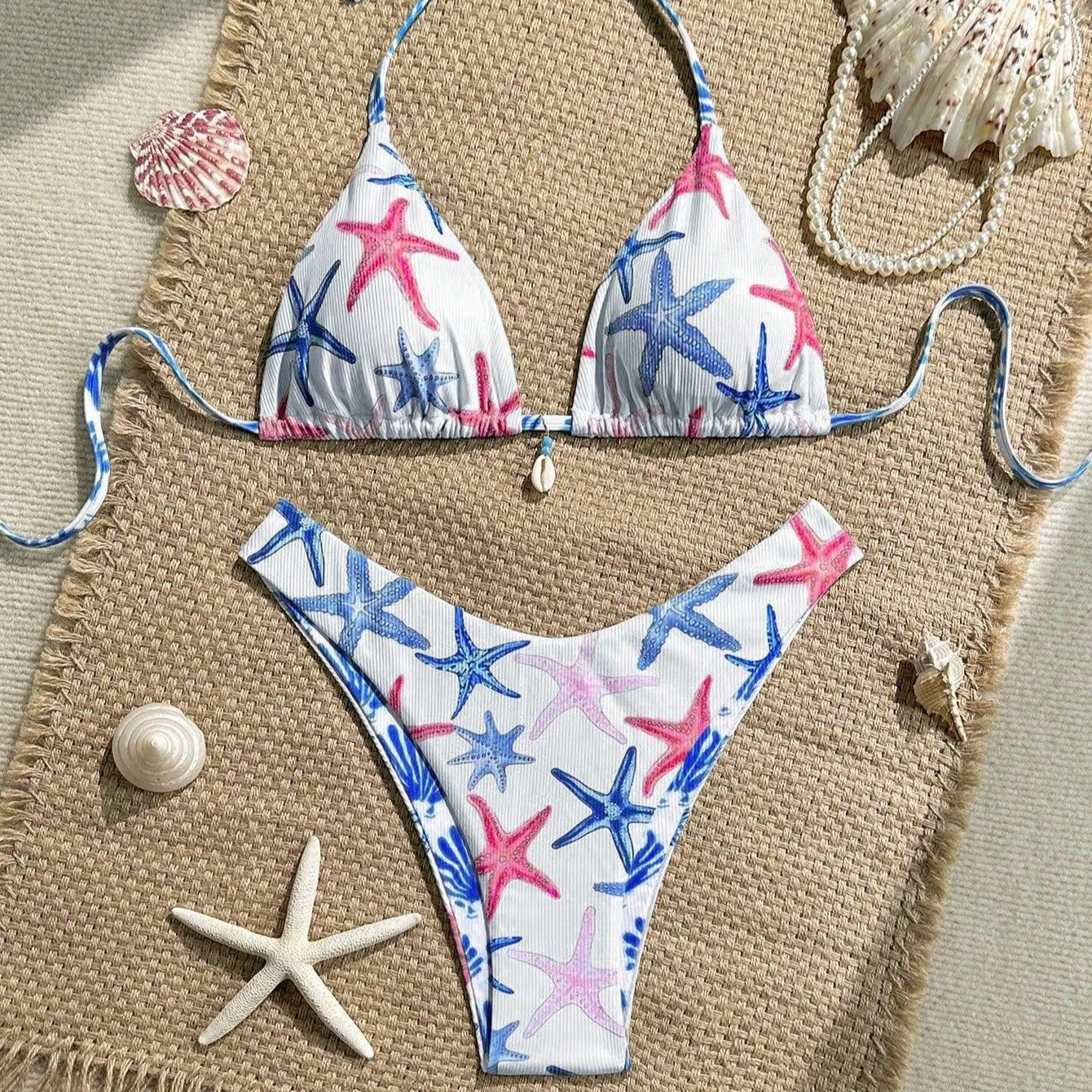 

New Sexy Lace Up Neck Starfish Print Set Swimsuit Bikini Low Waist Bikinis Swimwear Beach Bathing Suit Women Swimwear Biquini