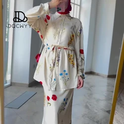 Women's Suits  24 Year New in Lace Up Thin Fashion Flower Print Sets for Women 2 PiecesCasual Silk Smooth Elegant Women's Sets