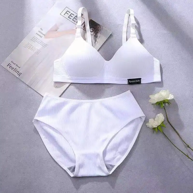 New Cotton Girl Underwear Top Push Up Bra Small Chest Decompression Comfortable Without Steel Ring Bra + Panty Set Teenage Girls