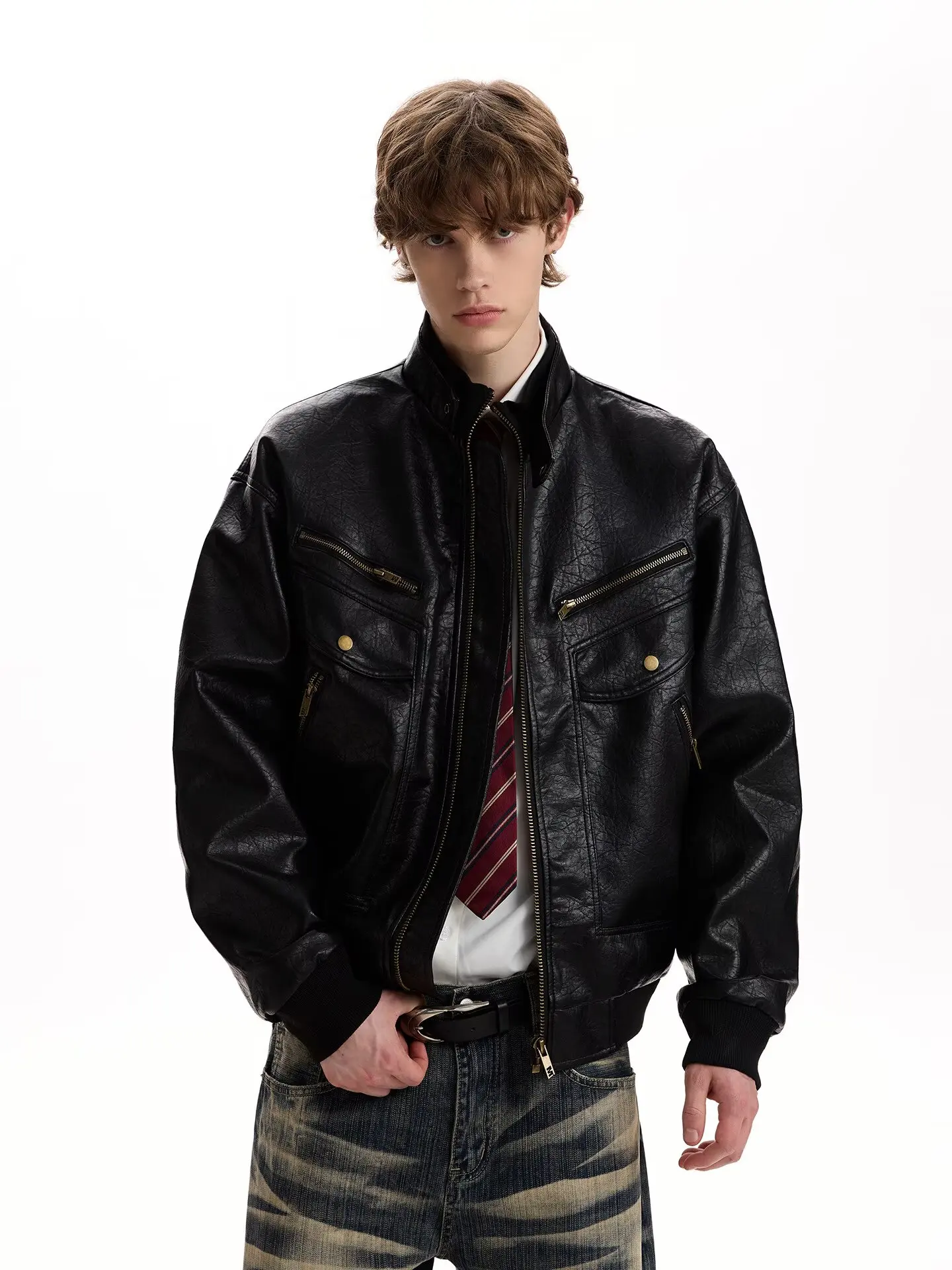 

Мужская зимняя куртка-бомбер из искусственной кожи с ретро-текстурой и хлопковой подкладкой, в стиле мотоциклетной одежды, свободного кроя